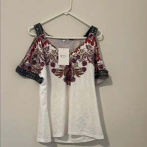 White and purple Embellished Short Sleeve Blouse gorgeous top